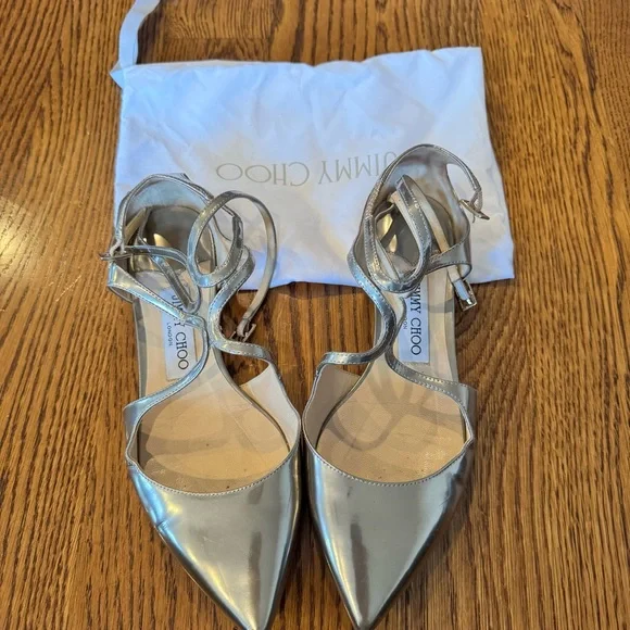 Jimmy Choo Lancer Silver Mirrored-Leather Point-Toe FlatsSize 37